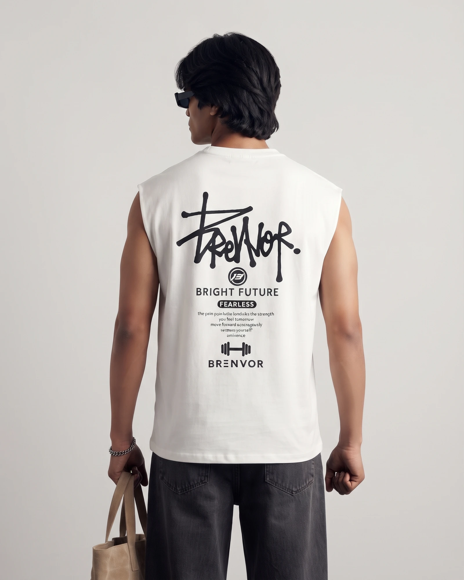 Men's White Cotton Graphic Print Gym Vest | Oversized Sleeveless T-Shirt for Men view 3