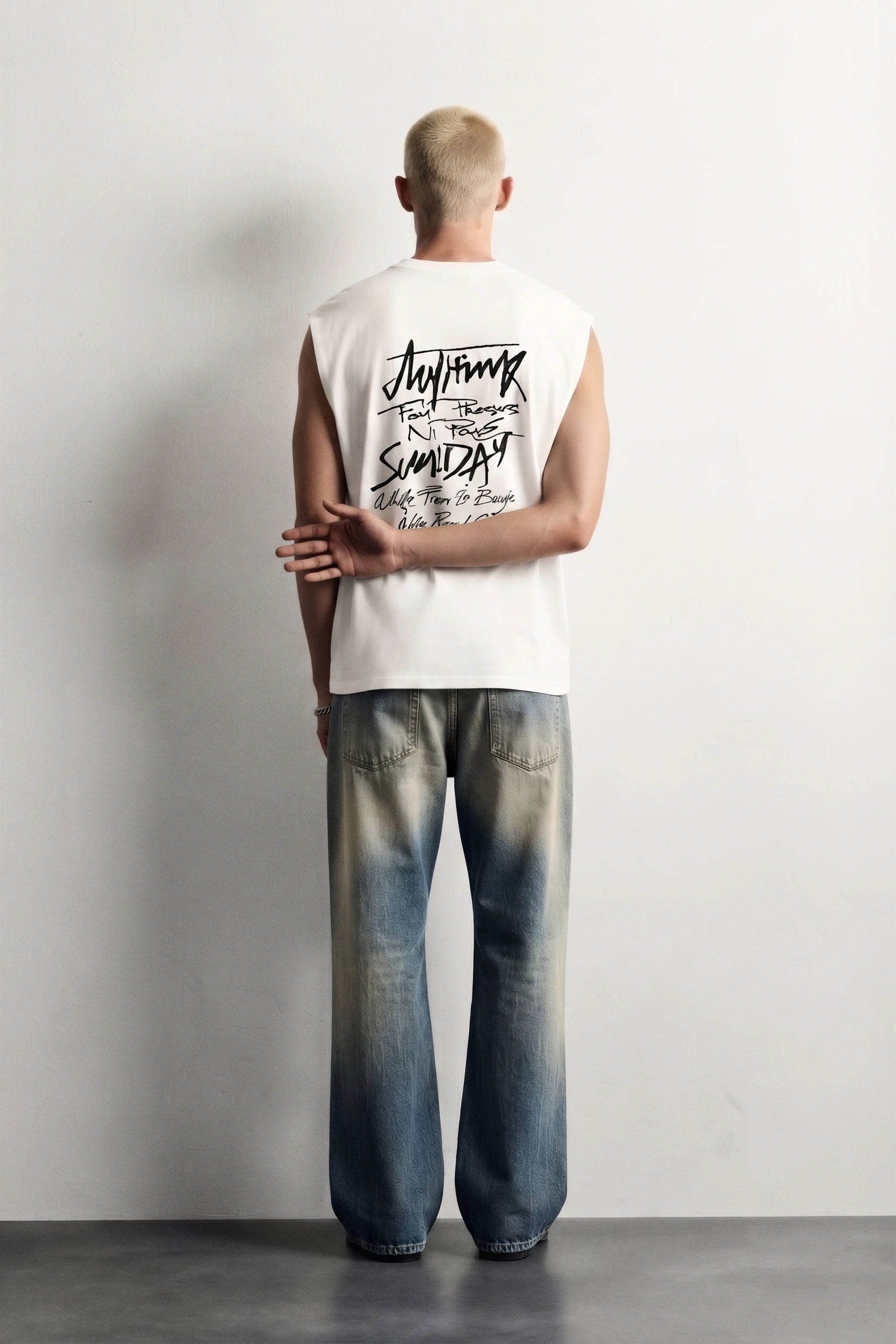 Men's Off-White Graphic Print Sleeveless T-Shirt | Casual Streetwear Sando Top view 3
