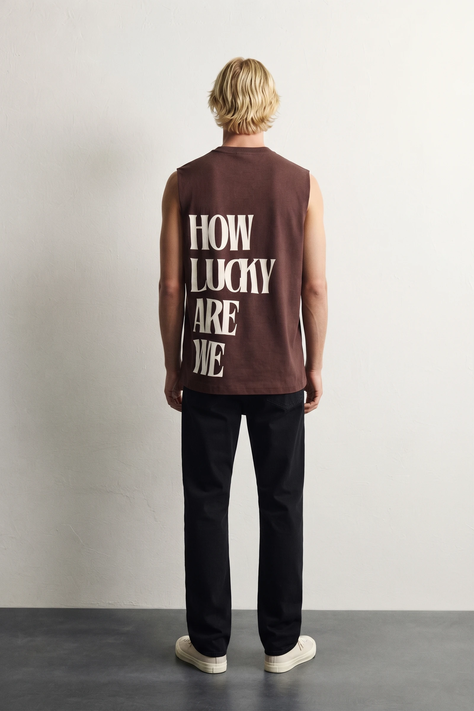Men's Brown Cotton Graphic Print Tank Top | "How Lucky Are We" Back Print Sando for Gym & Casual Wear view 3