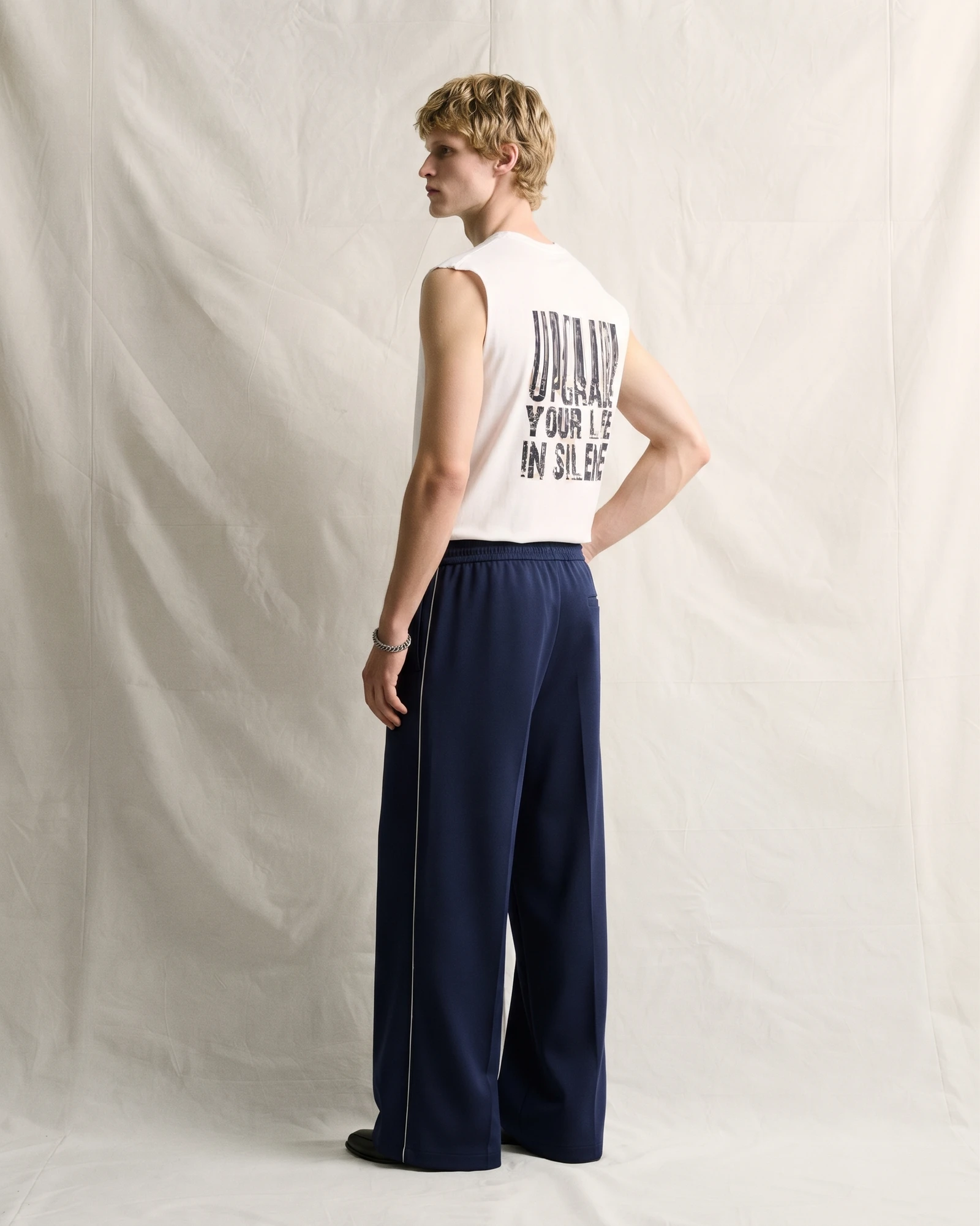 Men's White Printed Cotton Sleeveless Gym Sando | "Upgrade Your Life in Silence" Graphic Vest view 3