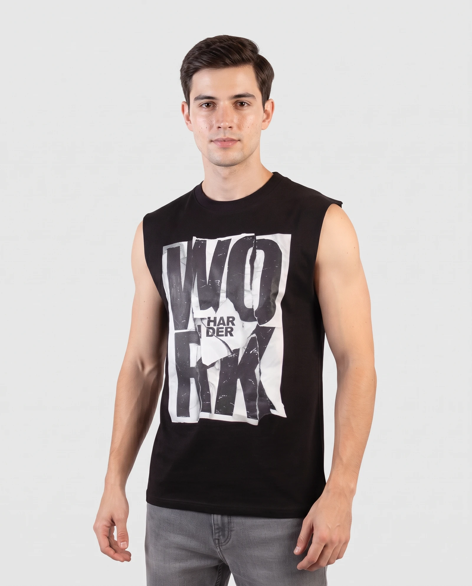 Men's Black "Work Harder" Gym Sando / Sleeveless Tank Top