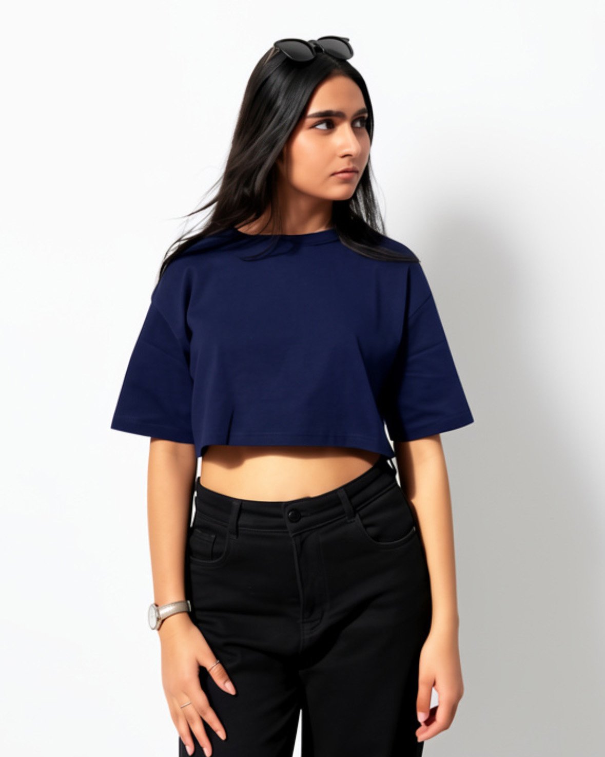 Drop-Shoulder Sleeves Crop Boxy Fit T-shirt Navy Blue