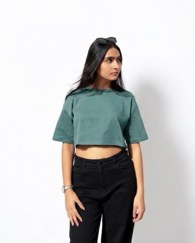 Drop-Shoulder Sleeves Crop Boxy Fit T-shirt forest green