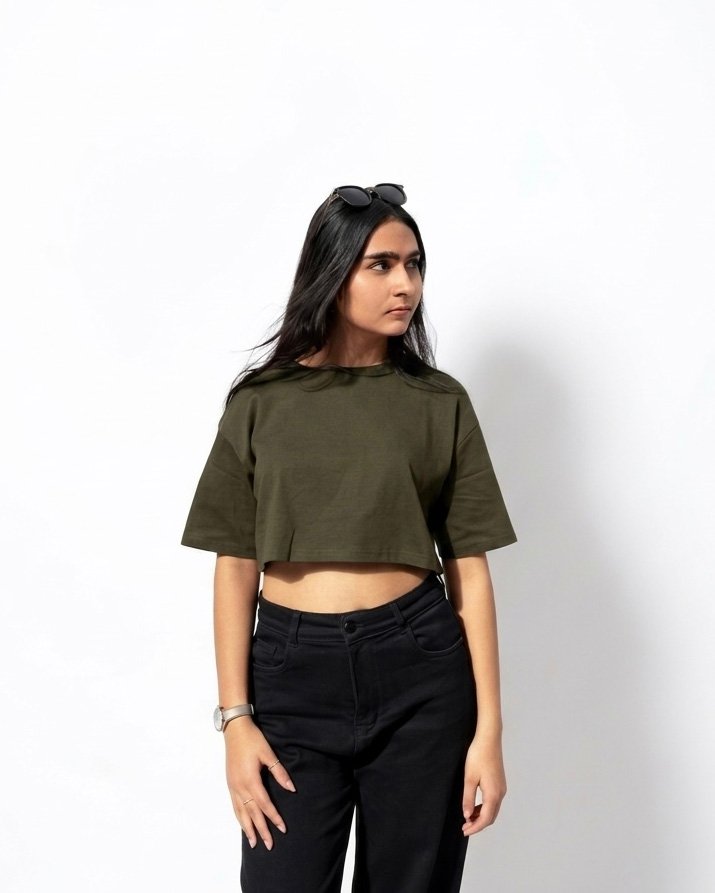 Drop-Shoulder Sleeves Crop Boxy Fit T-shirt Deep Khaki